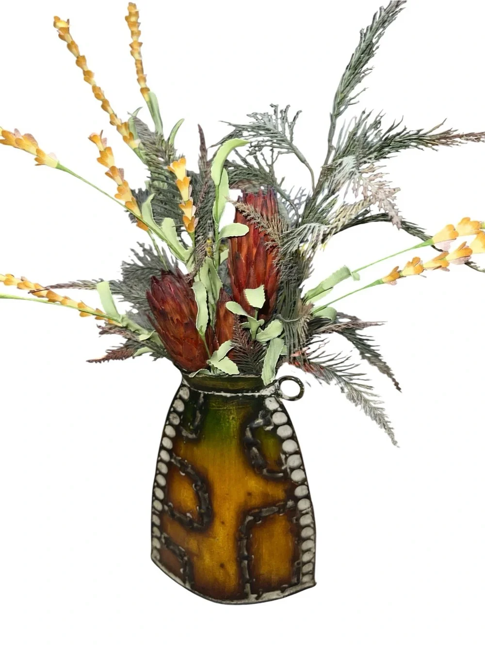 Rustic Yellow Green Metal Vase with Faux Wildflower Arrangement